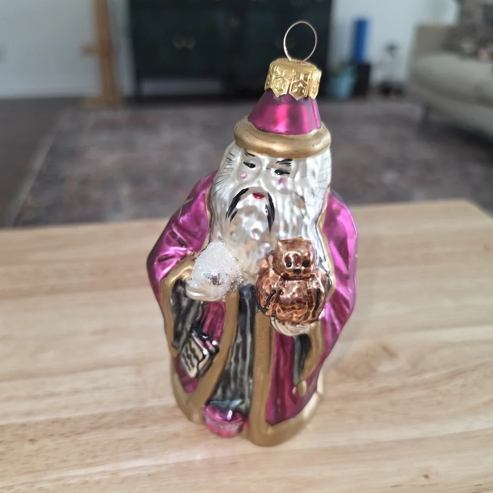 Blown Glass Confucius Santa Ornament: Purple and Gold Wizard Holiday Tree